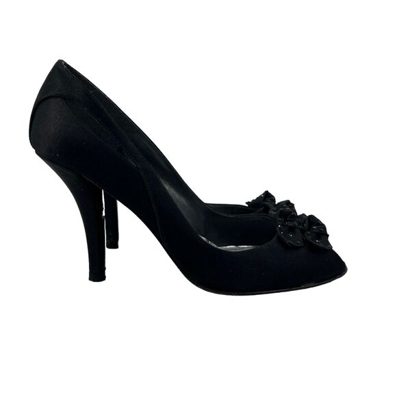 Stuart Weitzman Satin Pumps Womens 7.5 Black Suede Tulle Bow Peep Toe High Heel - Picture 1 of 13